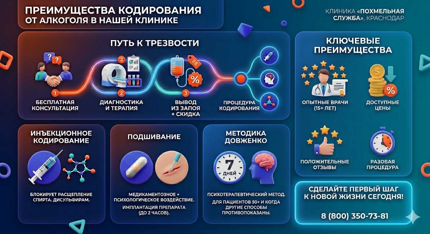 Инфографика о методах кодирования от алкоголя в Тетюшах: инъекции, подшивание, метод Довженко. Преимущества клиники и этапы лечения.